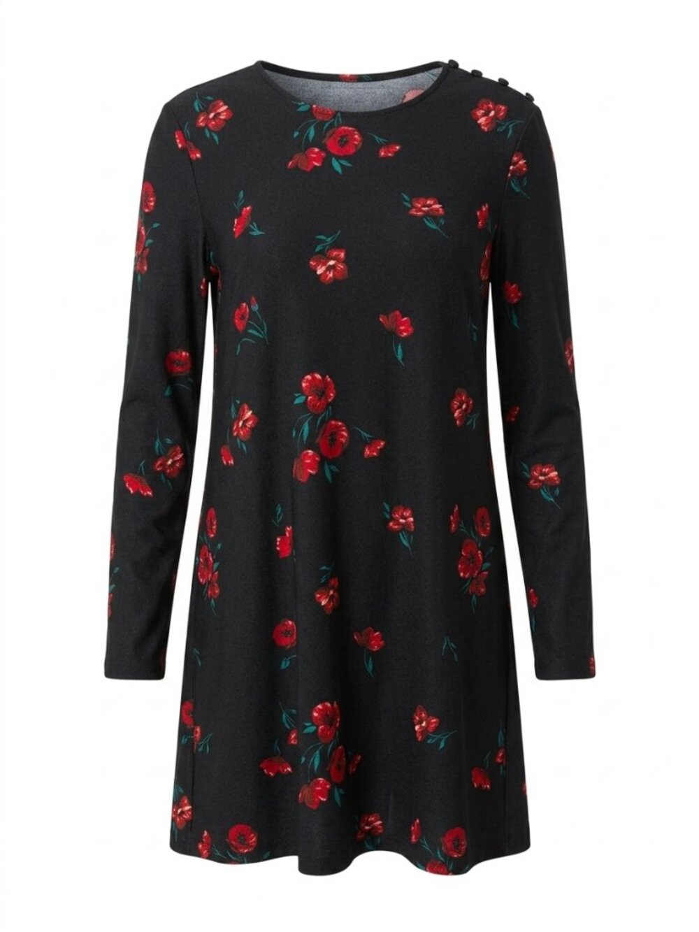 Mango Black Floral Dress Red Flower Print Round Neck Short Sleeve Size 6 Small